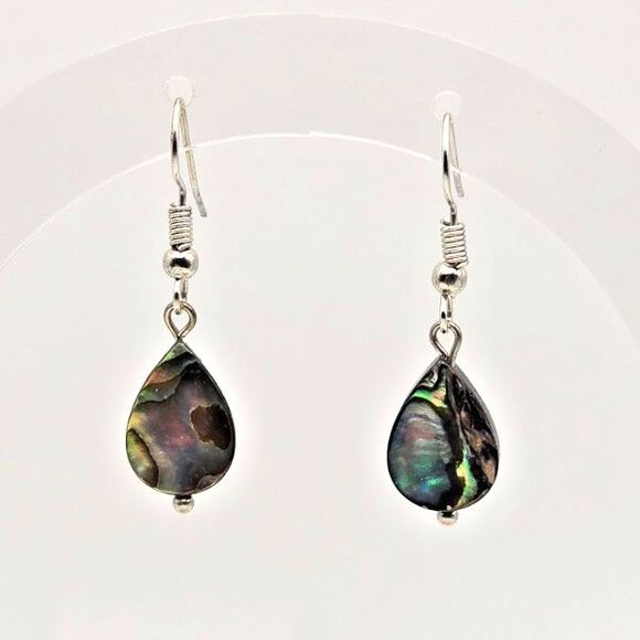 Dainty Abalone and Resin Teardrops on‎ Silver Tone Hooks Drop Dangle Earrings - Picture 2 of 7